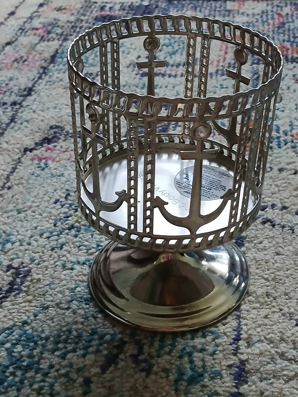 Bath & Body Works Silver 3-Wick Candle Holder Nautical Anchor Pedestal Coastal